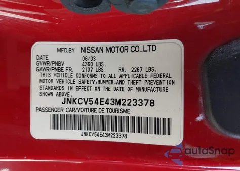 2003 Infiniti G35 Base W/Leather z USA, uszkodzony, nr VIN JNKCV54E43M223378